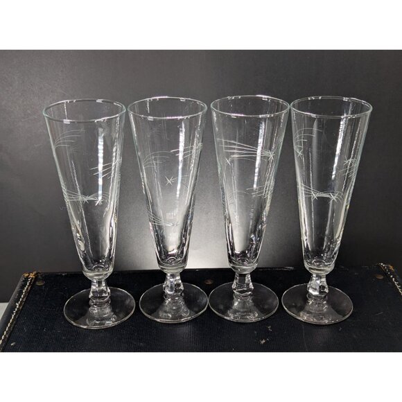 Vintage Atomic Shooting Stars Pilsner Beer Glasses Set of 4, MCM Clear stemmed - Picture 5 of 9